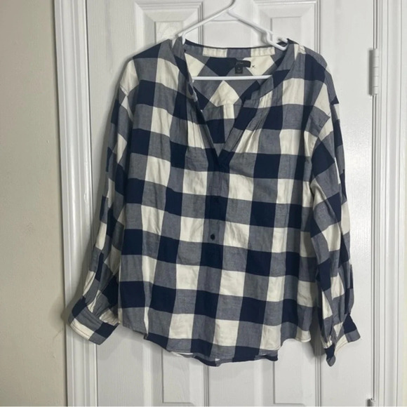 J. Crew Tops - J. Crew Navy & White Buffalo Plaid Shirt - Size Medium - Henley Long Sleeve